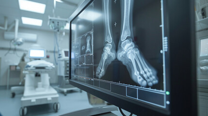A close-up view inside a radiology room with a focus on the monitor displaying a clubfoot x-ray, highlighting diagnostic technology - obrazy, fototapety, plakaty