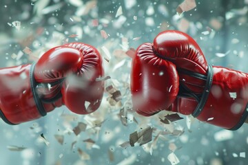 Closeup of boxing gloves shattering paper barriers, illustrating the concept of breaking free and achieving goals - obrazy, fototapety, plakaty