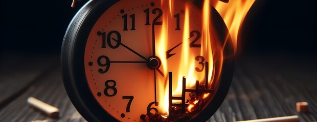 The clock is on fire, and its burning end is depicted in a fiery image.