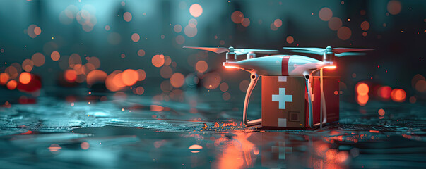 A quadcopter drone with a red cross package hovers above a wet surface, showcasing futuristic medical delivery.