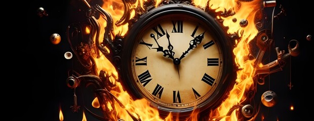 The clock is on fire, and its burning end is depicted in a fiery image.