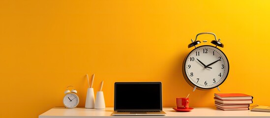 An opened laptop and a wall clock placed on a wooden desk surface, showing a workspace or office...