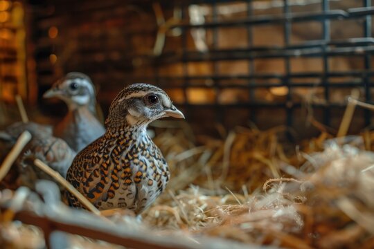 Two quails nestled in straw inside a rustic wooden coop.