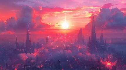 Fototapeta premium A sprawling cityscape with towering skysers each representing a different dimension of society and all converging at a bustling city center.