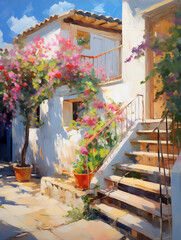 Fototapeta na wymiar Old Spanish small town in spring. Oil painting in impressionism style.