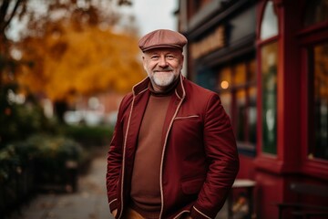 Portrait of a happy senior man in a red jacket on the street