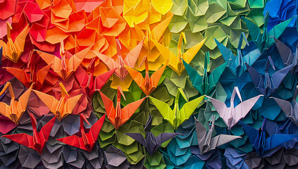 Origami Art and Craft, Colorful Paper Birds in Creative Pattern - obrazy, fototapety, plakaty