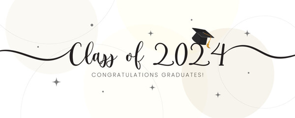 Class of 2024 minimalist design template. Congratulations graduates 2024 banner  with academic hat for high school or college graduation