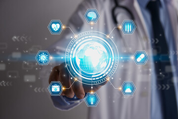 Doctor Hand and Finger Touch Screen Blue Globe and World or Earth Hud and Hexagon Medical Equipment Icon. Medical Technology,Innovation,Science and Healthcare Concept
