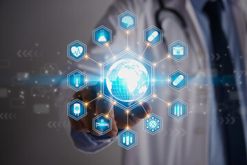 Doctor Hand and Finger Touch Screen Blue Hexagonal Globe and World or Earth and Medical Equipment Icon. Medical Technology,Innovation,Science and Healthcare Concept