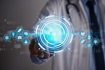 Doctor Hand and Finger Touch Screen Blue World and Globe or Earth Hud and Medical Equipment Icon. Medical Technology,Innovation,Science and Healthcare Concept