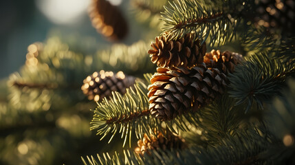 Naklejka na ściany i meble Close-up of Christmas pine branches under defocused lights