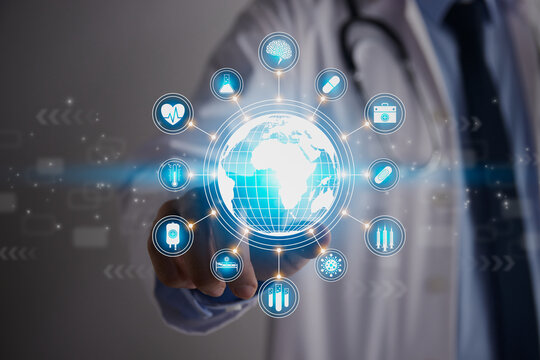 Doctor Hand and Finger Touch Screen Blue Globe and World or Earth and Medical Equipment Icon. Medical Technology,Innovation,Science and Healthcare Concept