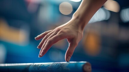A closeup of a gymnasts hand reaching towards the high bar preparing for a release move. - obrazy, fototapety, plakaty