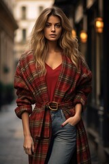 Fototapeta na wymiar A plaid wrap coat worn over a sweater and jeans, providing both warmth and style for a winter day. Woman fashion christmas.