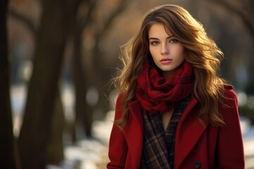 A classic red pea coat paired with a plaid scarf for a timeless and festive winter outerwear look. Woman fashion christmas.