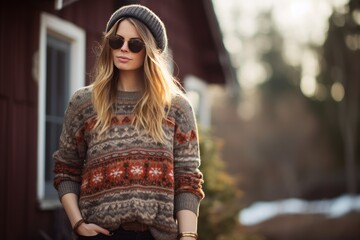 A fair isle patterned sweater paired with leather leggings for a trendy and comfortable Christmas day outfit. Woman fashion christmas. - obrazy, fototapety, plakaty