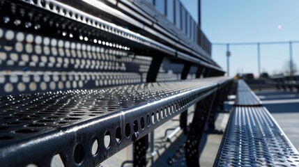 A closeup of the metal bleachers shows the intricate patterns and design of the seating structure.