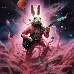 pink bunny, alien, full body, standing on 2 lege, playing black electric guitar, generative ai illustration. - obrazy, fototapety, plakaty