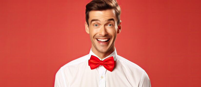 A man wearing a crisp white shirt and a vibrant red bow tie is grinning happily