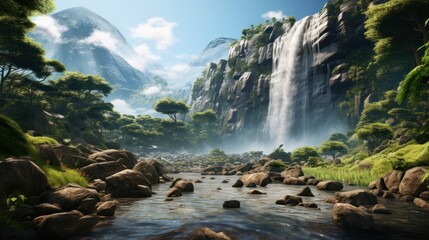 A powerful waterfall cascades down moss-covered rocks in a lush Yosemite mountain forest - obrazy, fototapety, plakaty