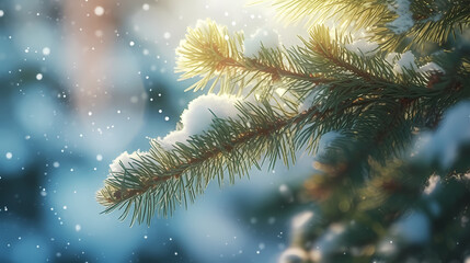 Christmas pine branches and holiday bokeh lights