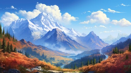 Scenic autumn landscape in the mountains with colorful trees and clouds