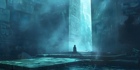 Mysterious figure observing sinister setting in mystical game environment concept. Concept Mystical Game Environment, Sinister Setting, Mysterious Figure, Character Design, Concept Art - obrazy, fototapety, plakaty