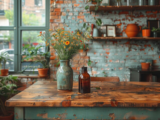 Vintage Vase with Wildflowers on Rustic Table in Brick-Walled Room