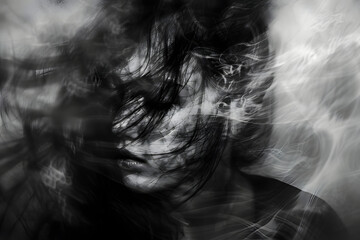 a blur art photography of people, a blurred motion camera photography of a woman,  concept art illustration for a poster, a music album cover or for illustrations of psychological and social problems - obrazy, fototapety, plakaty