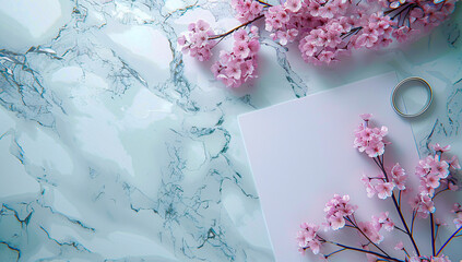 Spring blossoms on a branch, framing a bright and colorful seasonal background