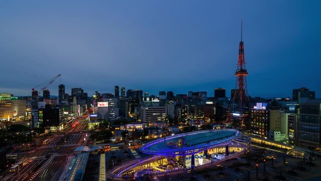 aerial city skyline timelapse view of the Nagoya city center with Nagoya TV Tower landmark building among highrise buildings