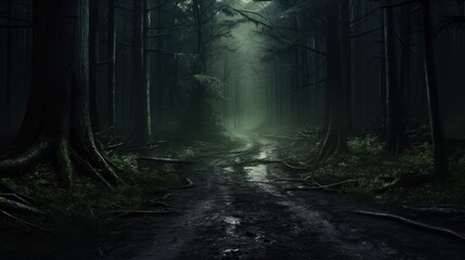 Road in dark forest ,Forest at night, environment concept, - obrazy, fototapety, plakaty