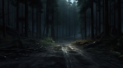 Road in dark forest ,Forest at night, environment concept, - obrazy, fototapety, plakaty