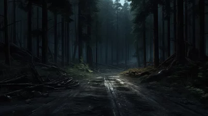 Schilderijen op glas Road in dark forest ,Forest at night, environment concept, © CStock