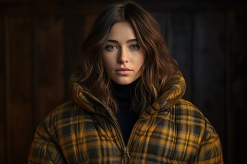 Fototapeta premium A plaid puffer jacket worn over a sweater and jeans for a cozy and on-trend winter look. Woman fashion christmas.