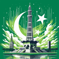 minar e pakistan silhouettes , minar e pakistan illustration , 14 august 1947 , pakistan independence , 14 august calligraphy	 - obrazy, fototapety, plakaty