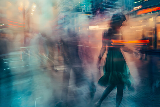 a blur art photography of people, a blurred motion camera photography of a woman,  concept art illustration for a poster, a music album cover or for illustrations of psychological and social problems