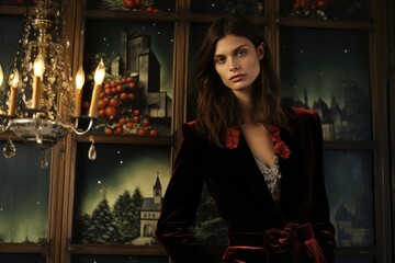 A velvet blazer worn over a lace camisole and trousers for a sophisticated holiday party ensemble. Woman fashion christmas.