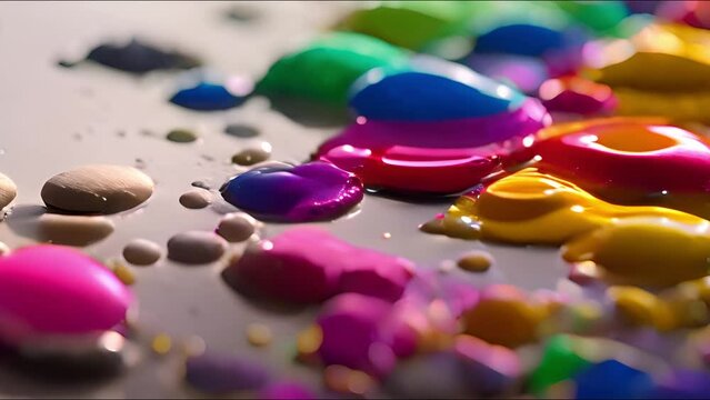 Colorfull paint drops, clor splash, drop Colorful ink in water on the floor, short video footage, Generative AI.
