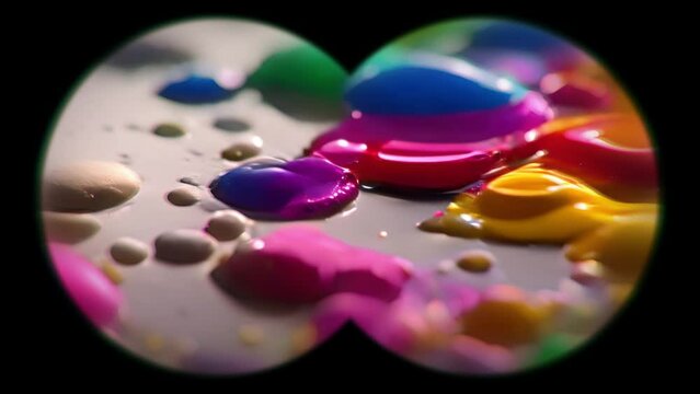 Colorfull paint drops, clor splash, drop Colorful ink in water on the floor, short video footage binoculars stlye, Generative AI.