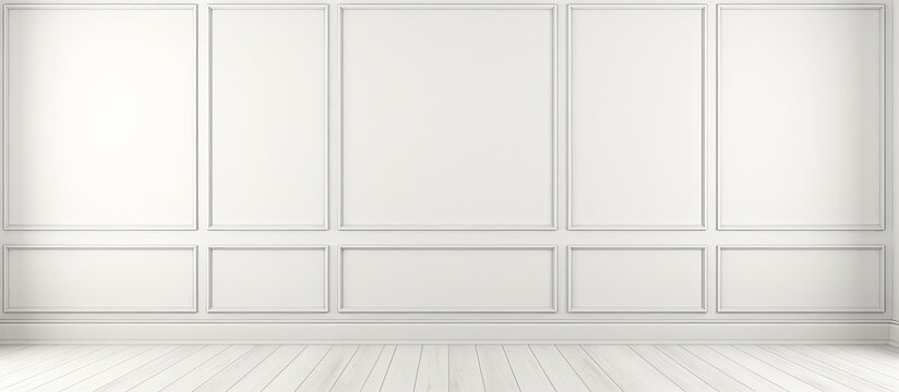 This image features a simple and clean white room with a wooden floor and a white wall.