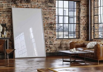 Mockup Frame Set in a Living Room Lot, Industrial Style. Presented in 3D Render. Made with...