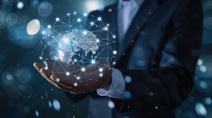 a businessman holding a globe connected by digital streams, with data flowing seamlessly across continents, symbolizing the global reach and connectivity of digital marketing strategies