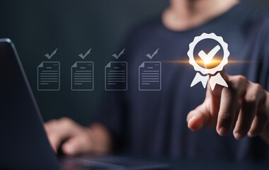 Quality assurance concept. Quality assurance mark for ISO certification and standardization. certificate, approval, compliance to requirements. Compliance to regulations service and standards.