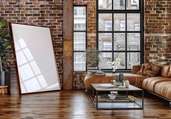Mockup Frame Set in a Living Room Lot, Industrial Style. Presented in 3D Render. Made with...