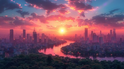 Fototapeta premium A city skyline at dusk the buildings illuminated by a blend of natural and artificial light representing the blending of real and manufactured environments.