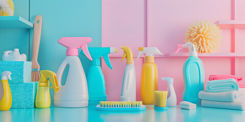 still life with supplies for cleaning or housekeeping on podiums over pink background,