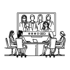 one continues black line drawing business people video conferencing using Laptop working from home sketch outline doodle vector style illustration on white