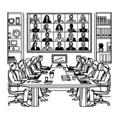 Obraz premium one continues black line drawing business people video conferencing using Laptop working from home sketch outline doodle vector style illustration on white